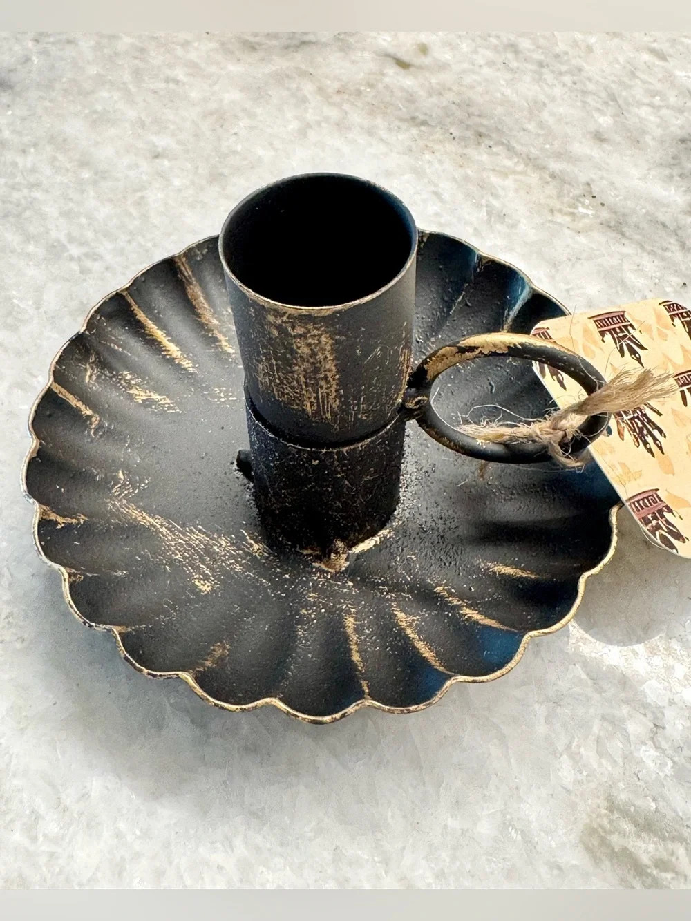 New Rustic Style Matte Black Fluted Metal Taper Candle Holder w/ Ring Handle
